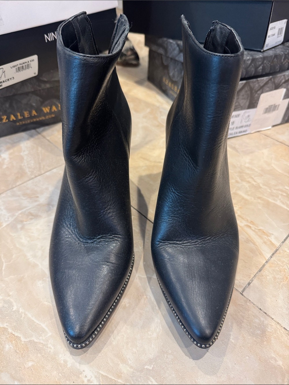Steve Madden Black Pointed Leather Ankle Booties with Studded Trim
